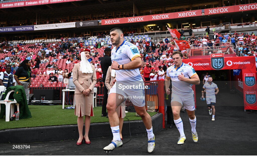 15 April 2023; Vakhtang Abdaladze of Leinster runs out before the United Rugby Championship match between Emirates Lions and Leinster at Emirates Airlines Park in Johannesburg, South Africa. Photo by Harry Murphy/Sportsfile