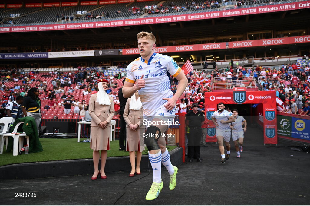 15 April 2023; Tommy O'Brien of Leinster runs out before the United Rugby Championship match between Emirates Lions and Leinster at Emirates Airlines Park in Johannesburg, South Africa. Photo by Harry Murphy/Sportsfile