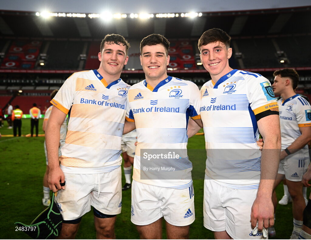 15 April 2023; Leinster players, from left, James Culhane, Ben Brownlee and Charlie Tector after their side's victory in the United Rugby Championship match between Emirates Lions and Leinster at Emirates Airlines Park in Johannesburg, South Africa. Photo by Harry Murphy/Sportsfile