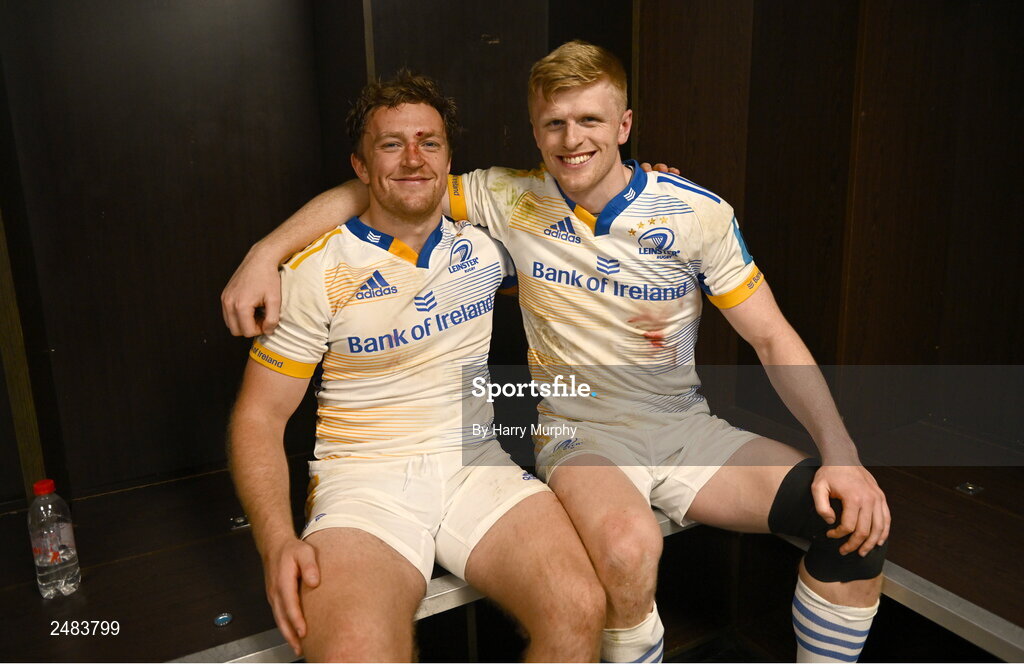 15 April 2023; Liam Turner and Tommy O'Brien of Leinster after their side's victory in the United Rugby Championship match between Emirates Lions and Leinster at Emirates Airlines Park in Johannesburg, South Africa. Photo by Harry Murphy/Sportsfile
