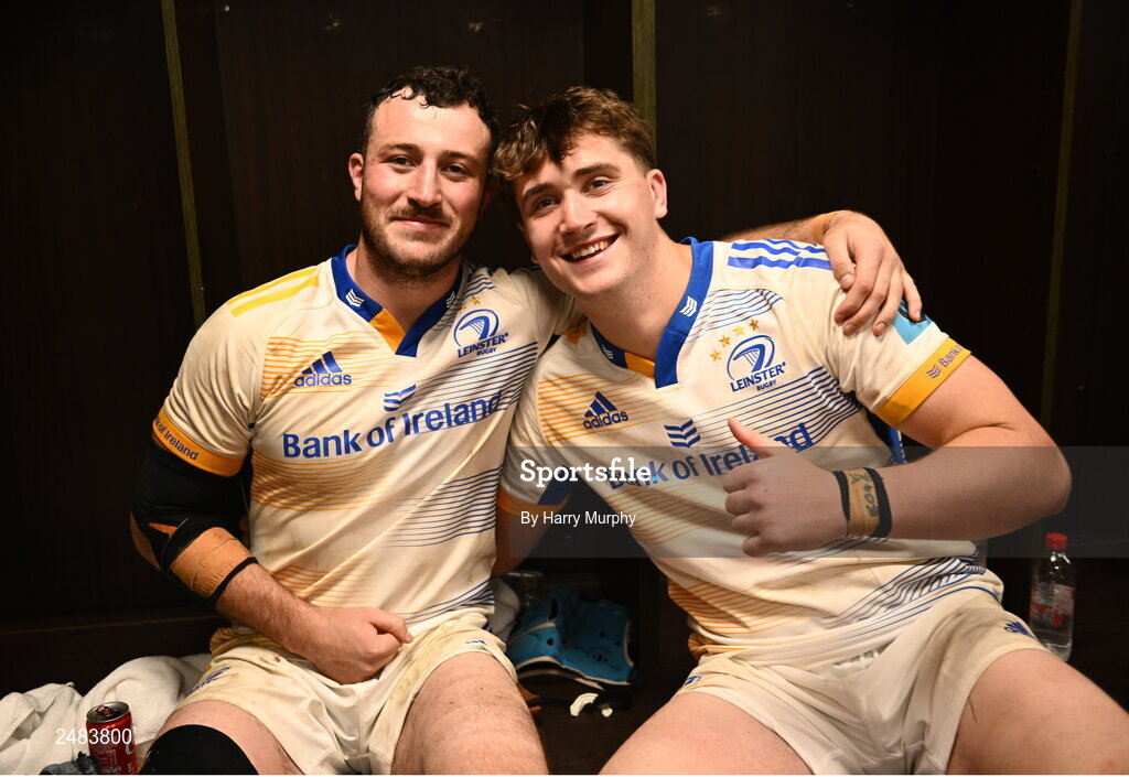15 April 2023; Will Connors and Brian Deeny of Leinster after their side's victory in the United Rugby Championship match between Emirates Lions and Leinster at Emirates Airlines Park in Johannesburg, South Africa. Photo by Harry Murphy/Sportsfile