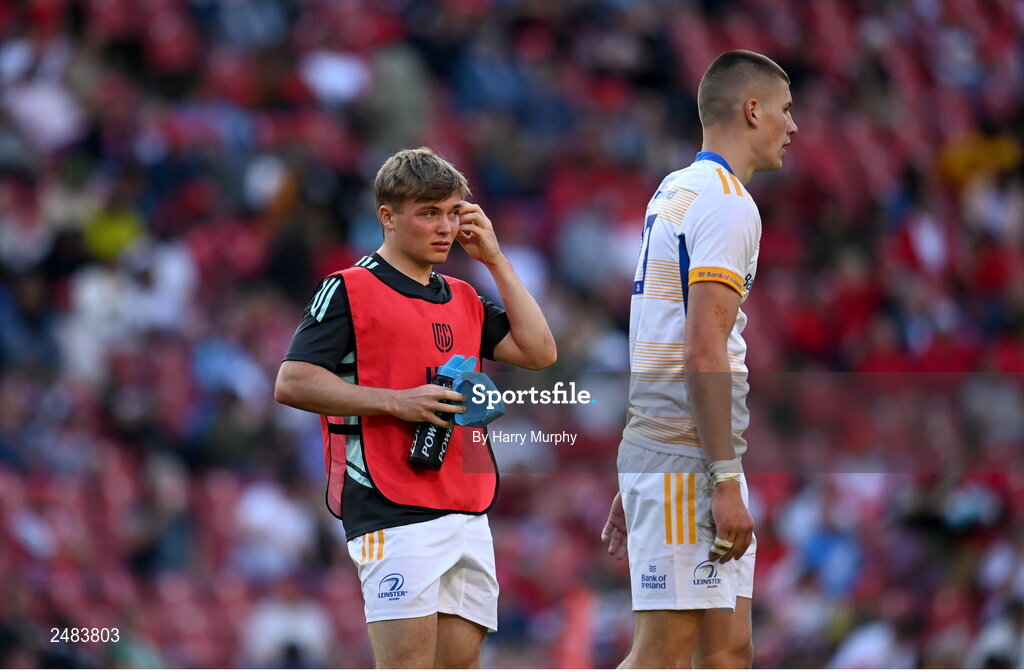 15 April 2023; Fintan Gunne, left, and Sam Prendergast of Leinster during the United Rugby Championship match between Emirates Lions and Leinster at Emirates Airlines Park in Johannesburg, South Africa. Photo by Harry Murphy/Sportsfile