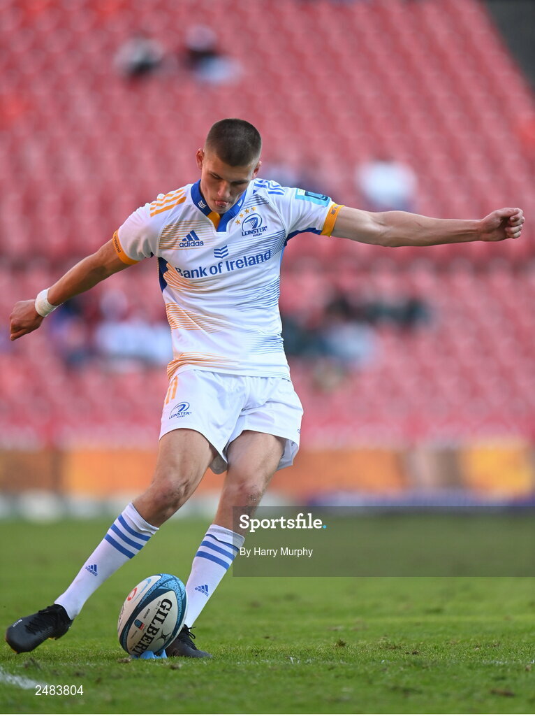 15 April 2023; Sam Prendergast of Leinster kicks a conversion during the United Rugby Championship match between Emirates Lions and Leinster at Emirates Airlines Park in Johannesburg, South Africa. Photo by Harry Murphy/Sportsfile