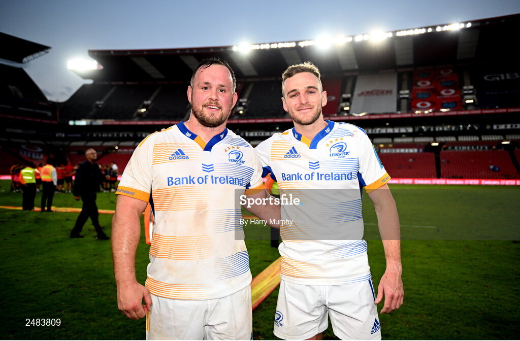 15 April 2023; Ed Byrne and Nick McCarthy of Leinster after their side's victory in the United Rugby Championship match between Emirates Lions and Leinster at Emirates Airlines Park in Johannesburg, South Africa. Photo by Harry Murphy/Sportsfile