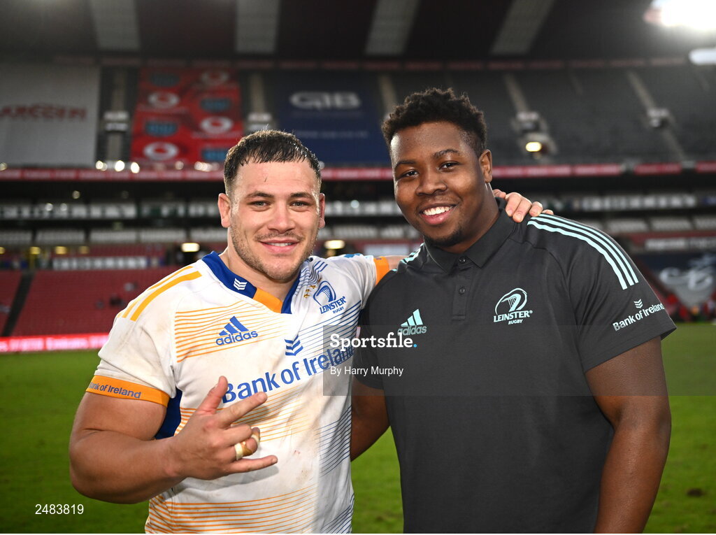 15 April 2023; Tadgh McElroy and Temi Lasisi of Leinster after their side's victory in the United Rugby Championship match between Emirates Lions and Leinster at Emirates Airlines Park in Johannesburg, South Africa. Photo by Harry Murphy/Sportsfile