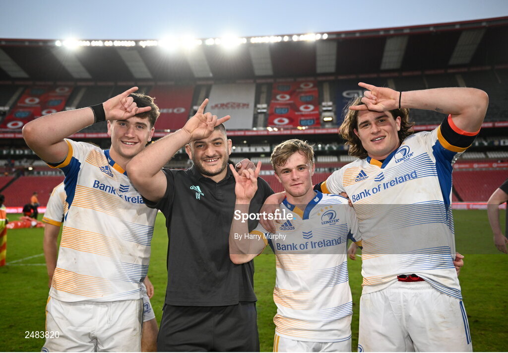15 April 2023; Leinster players, from left, Brian Deeny, Vakhtang Abdaladze, Ben Murphy and Alex Soroka after their side's victory in the United Rugby Championship match between Emirates Lions and Leinster at Emirates Airlines Park in Johannesburg, South Africa. Photo by Harry Murphy/Sportsfile