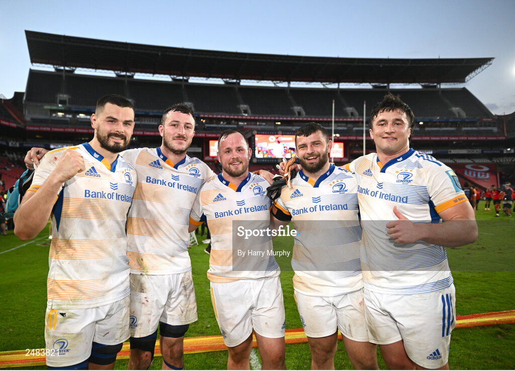 15 April 2023; Leinster players, from left, Max Deegan, Will Connors, Ed Byrne, Michael Milne and Thomas Clarkson after their side's victory in the United Rugby Championship match between Emirates Lions and Leinster at Emirates Airlines Park in Johannesburg, South Africa. Photo by Harry Murphy/Sportsfile