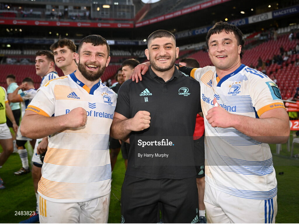 15 April 2023; Leinster players, from left, Michael Milne, Vakhtang Abdaladze and Thomas Clarkson after their side's victory in the United Rugby Championship match between Emirates Lions and Leinster at Emirates Airlines Park in Johannesburg, South Africa. Photo by Harry Murphy/Sportsfile