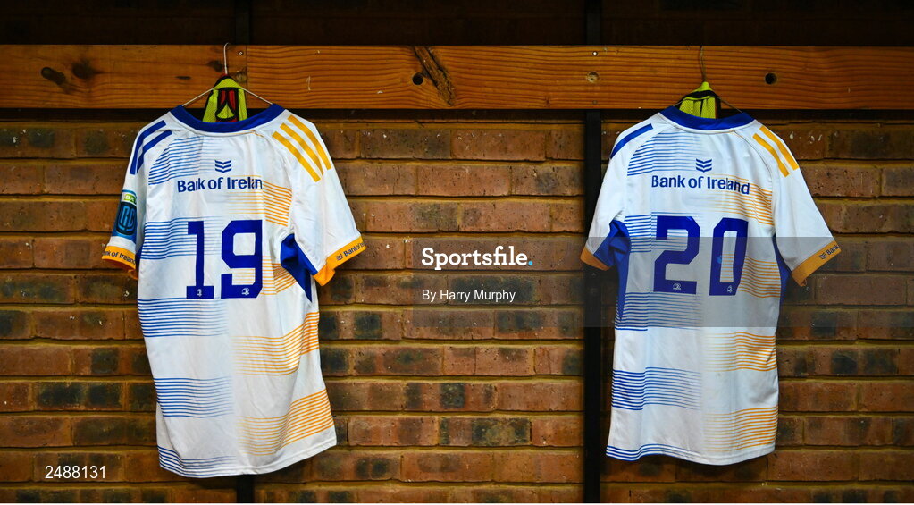 22 April 2023; The jerseys of potential Leinster debutants Conor O’Tighearnaigh and Liam Molony are seen before the United Rugby Championship match between Vodacom Bulls and Leinster at Loftus Versfeld Stadium in Pretoria, South Africa. Photo by Harry Murphy/Sportsfile