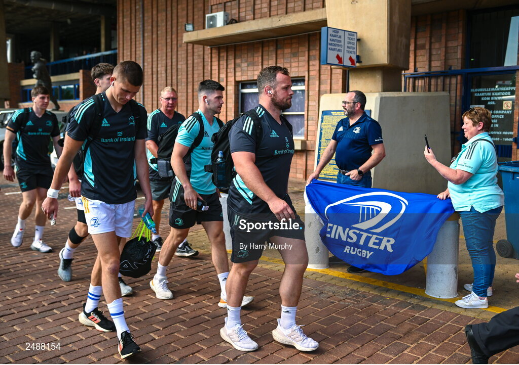 22 April 2023; Leinster captain Ed Byrne, right, and teammates arrive before during the United Rugby Championship match between Vodacom Bulls and Leinster at Loftus Versfeld Stadium in Pretoria, South Africa. Photo by Harry Murphy/Sportsfile