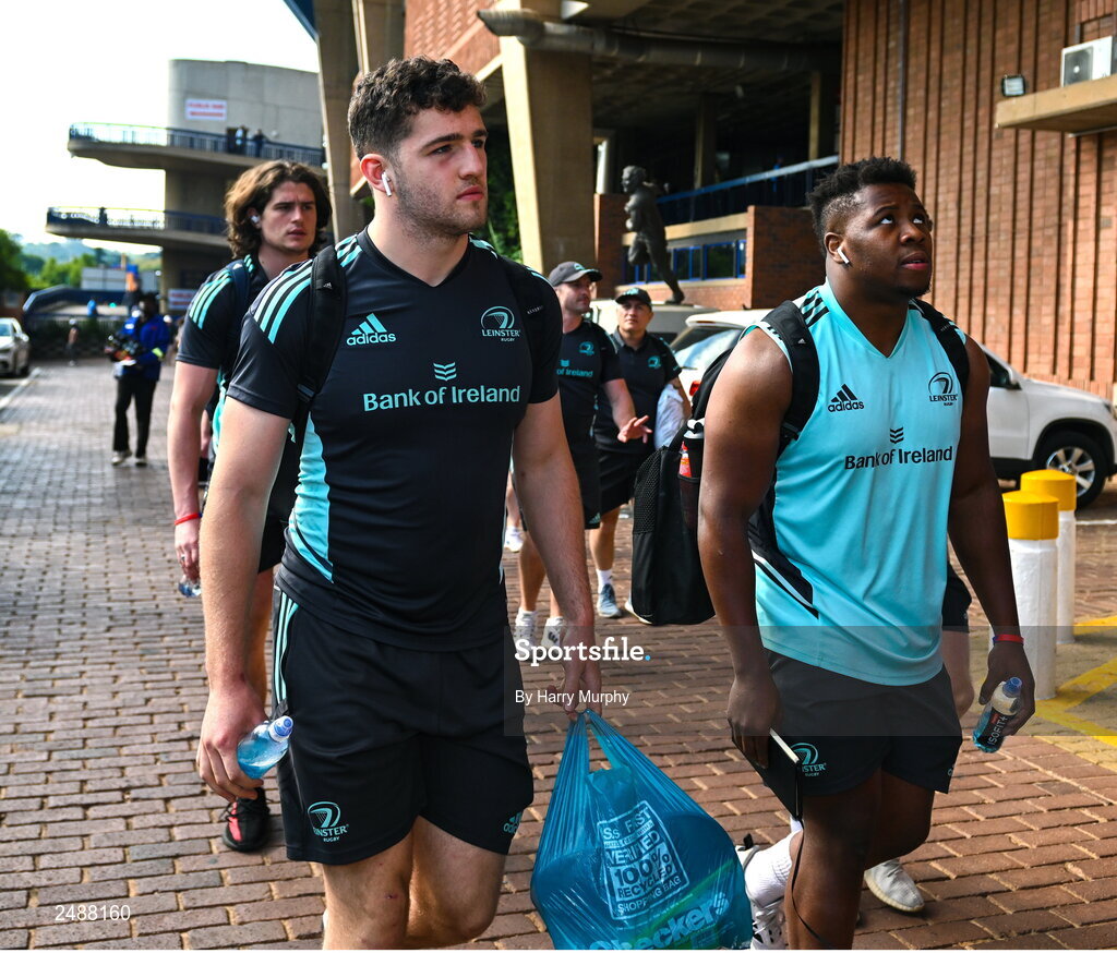 22 April 2023; James Culhane and Temi Lasisi of Leinster arrive before the United Rugby Championship match between Vodacom Bulls and Leinster at Loftus Versfeld Stadium in Pretoria, South Africa. Photo by Harry Murphy/Sportsfile