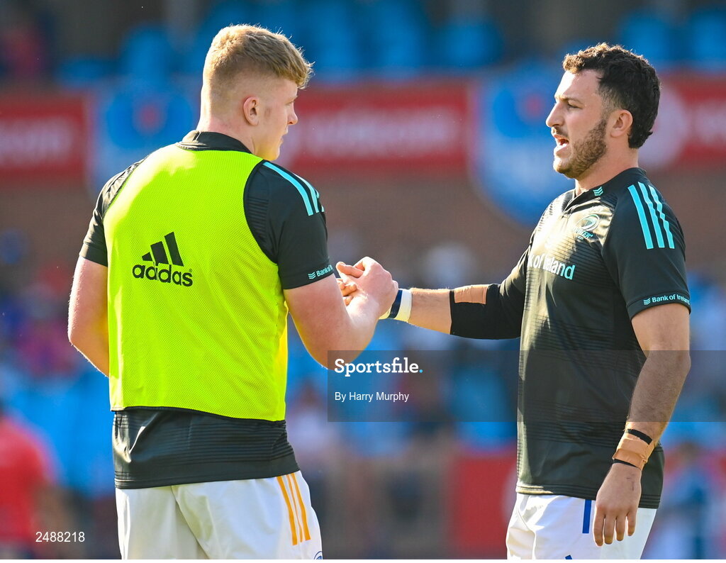 22 April 2023; Conor O’Tighearnaigh and Will Connors of Leinster before the United Rugby Championship match between Vodacom Bulls and Leinster at Loftus Versfeld Stadium in Pretoria, South Africa. Photo by Harry Murphy/Sportsfile