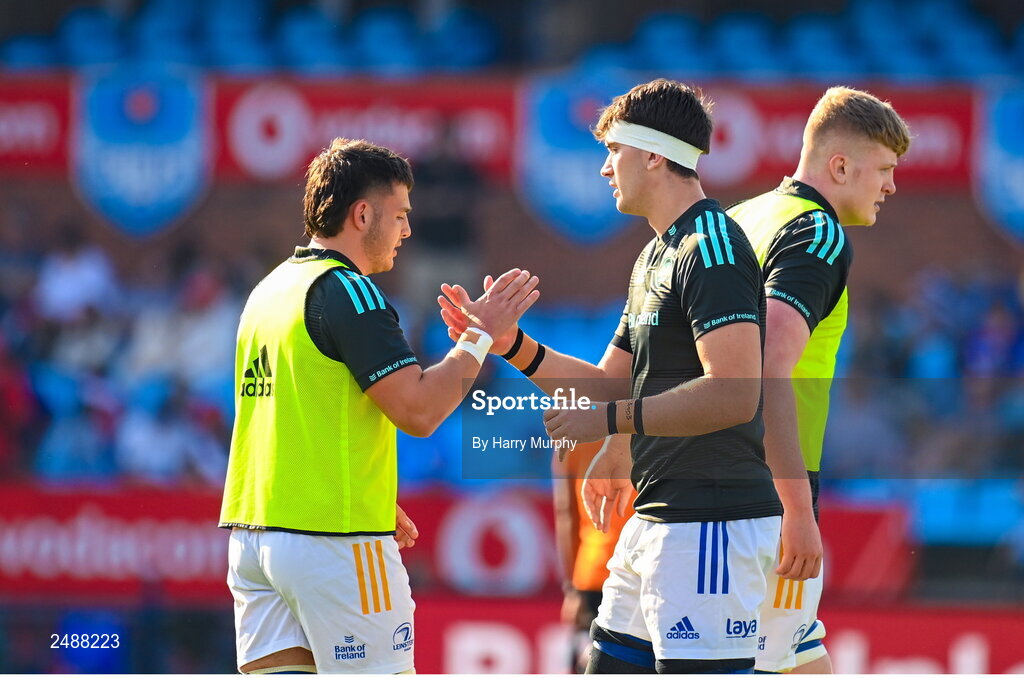 22 April 2023; Liam Molony and Brian Deeny of Leinster before the United Rugby Championship match between Vodacom Bulls and Leinster at Loftus Versfeld Stadium in Pretoria, South Africa. Photo by Harry Murphy/Sportsfile
