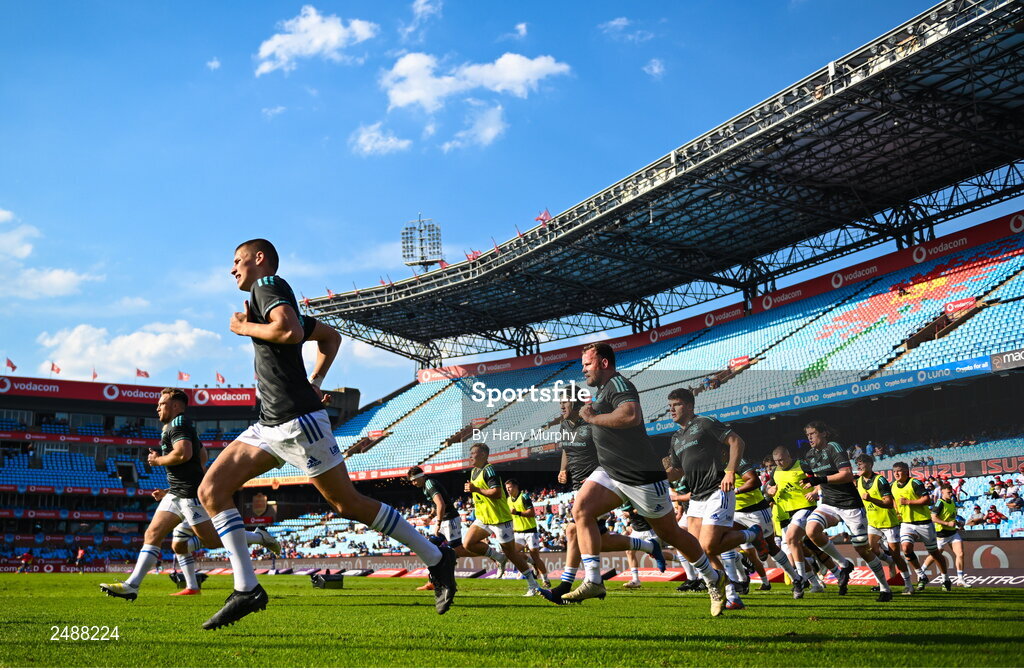 22 April 2023; Leinster players warm up before the United Rugby Championship match between Vodacom Bulls and Leinster at Loftus Versfeld Stadium in Pretoria, South Africa. Photo by Harry Murphy/Sportsfile