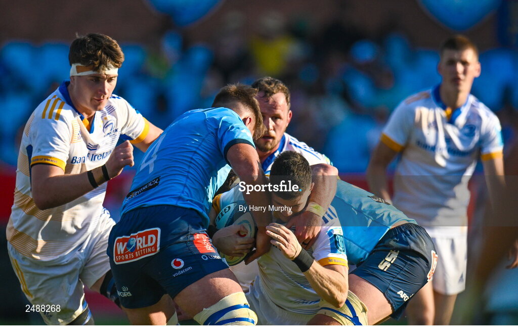 22 April 2023; Chris Cosgrave of Leinster is tackled by Ruan Vermaak and Ruan Nortje of Vodacom Bulls during the United Rugby Championship match between Vodacom Bulls and Leinster at Loftus Versfeld Stadium in Pretoria, South Africa. Photo by Harry Murphy/Sportsfile