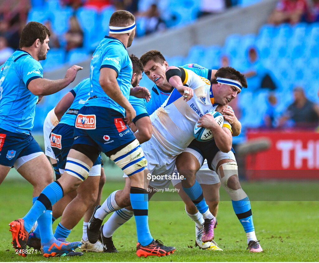 22 April 2023; Thomas Clarkson of Leinster is tackled by Harold Vorster of Vodacom Bulls during the United Rugby Championship match between Vodacom Bulls and Leinster at Loftus Versfeld Stadium in Pretoria, South Africa. Photo by Harry Murphy/Sportsfile