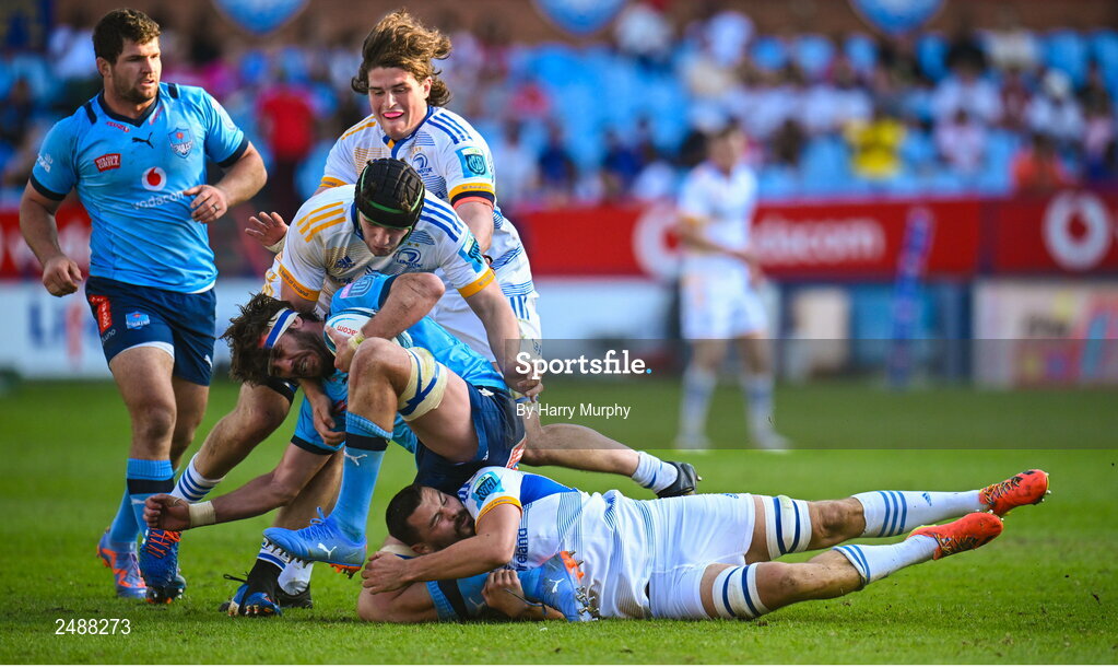 22 April 2023; Ruan Nortje of Vodacom Bulls is tackled by James Culhane and Max Deegan of Leinster during the United Rugby Championship match between Vodacom Bulls and Leinster at Loftus Versfeld Stadium in Pretoria, South Africa. Photo by Harry Murphy/Sportsfile