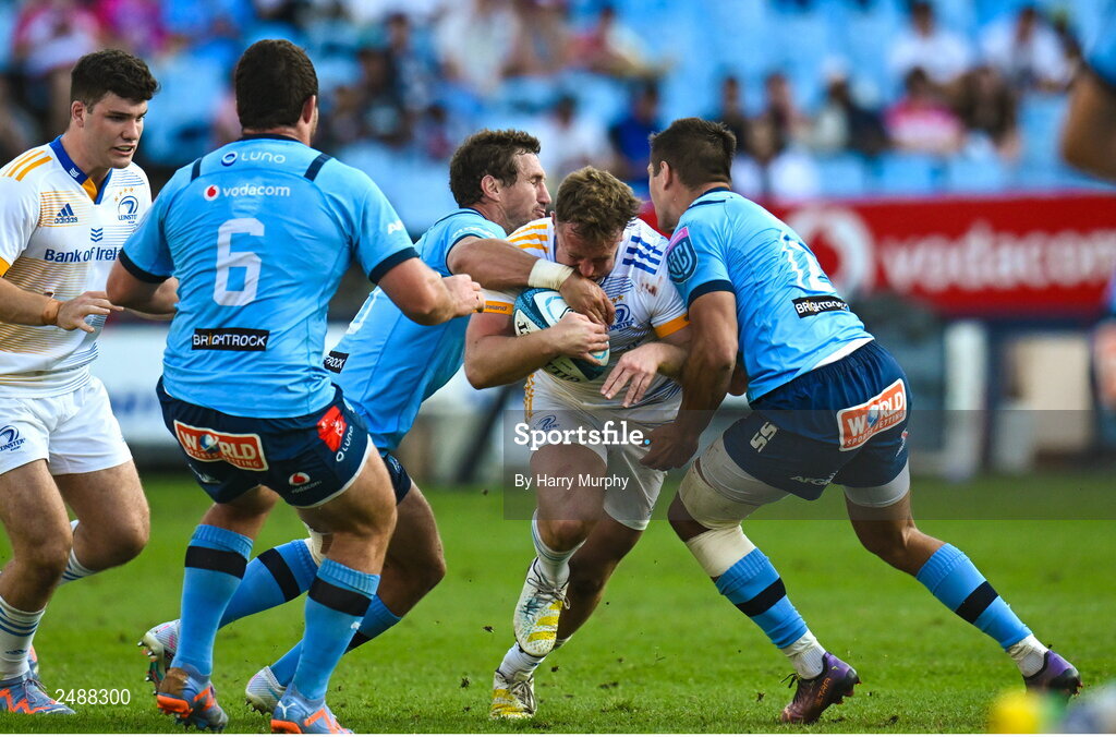 22 April 2023; Liam Turner of Leinster is tackled by Johan Goosen and Harold Vorster of Vodacom Bulls during the United Rugby Championship match between Vodacom Bulls and Leinster at Loftus Versfeld Stadium in Pretoria, South Africa. Photo by Harry Murphy/Sportsfile