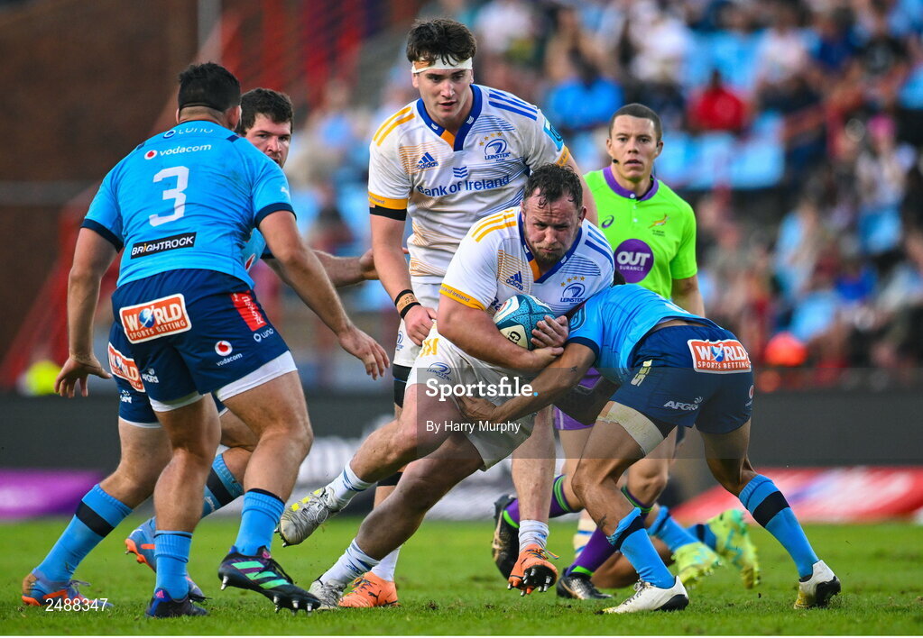 22 April 2023; Ed Byrne of Leinster is tackled by Embrose Papier of Vodacom Bulls during the United Rugby Championship match between Vodacom Bulls and Leinster at Loftus Versfeld Stadium in Pretoria, South Africa. Photo by Harry Murphy/Sportsfile