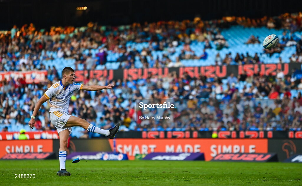 22 April 2023; Sam Prendergast of Leinster kicks a conversion during the United Rugby Championship match between Vodacom Bulls and Leinster at Loftus Versfeld Stadium in Pretoria, South Africa. Photo by Harry Murphy/Sportsfile