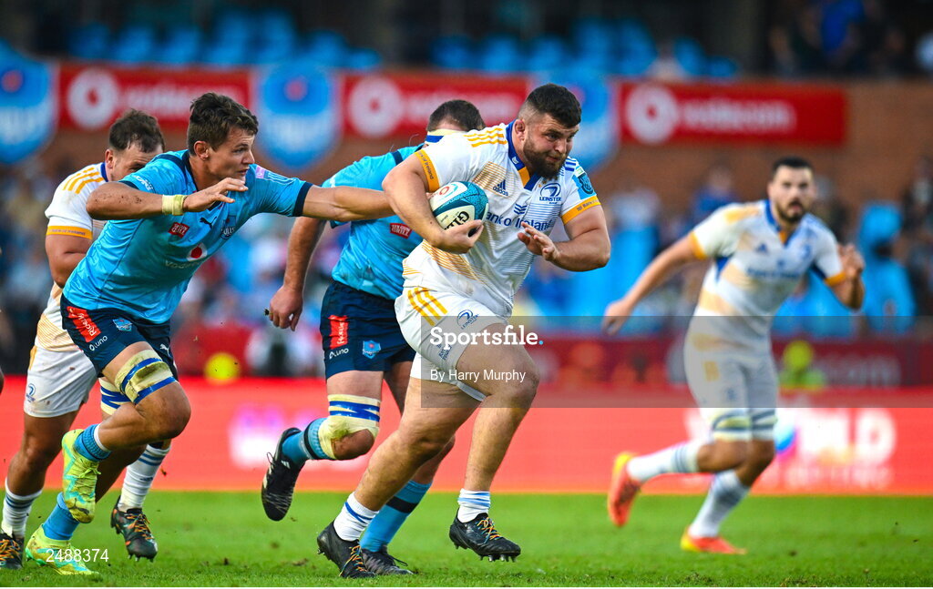 22 April 2023; Michael Milne of Leinster makes a break in the build up to scoring his side's first try during the United Rugby Championship match between Vodacom Bulls and Leinster at Loftus Versfeld Stadium in Pretoria, South Africa. Photo by Harry Murphy/Sportsfile