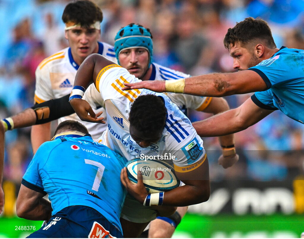 22 April 2023; Temi Lasisi of Leinster is tackled by Cyle Brink of Vodacom Bulls during the United Rugby Championship match between Vodacom Bulls and Leinster at Loftus Versfeld Stadium in Pretoria, South Africa. Photo by Harry Murphy/Sportsfile