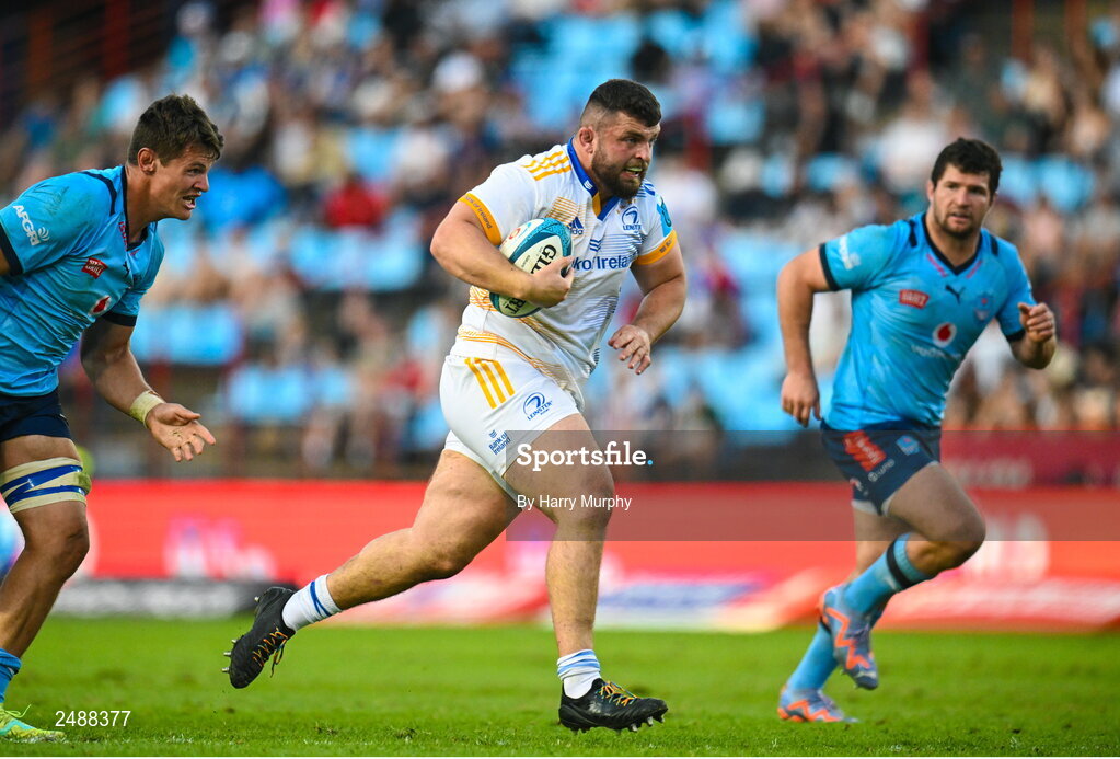 22 April 2023; Michael Milne of Leinster makes a break in the build up to scoring his side's first try during the United Rugby Championship match between Vodacom Bulls and Leinster at Loftus Versfeld Stadium in Pretoria, South Africa. Photo by Harry Murphy/Sportsfile