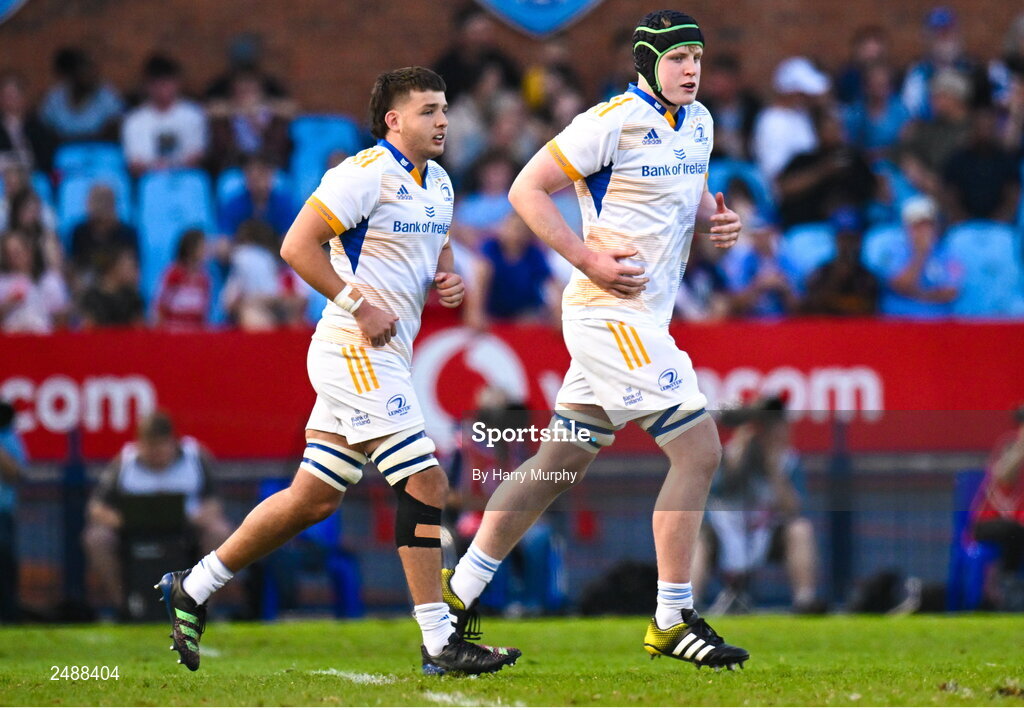 22 April 2023; Liam Molony and Conor O’Tighearnaigh of Leinster run on for their debuts during the United Rugby Championship match between Vodacom Bulls and Leinster at Loftus Versfeld Stadium in Pretoria, South Africa. Photo by Harry Murphy/Sportsfile