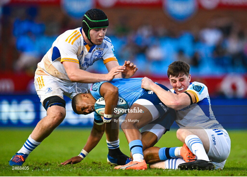 22 April 2023; Keagan Johannes of Vodacom Bulls is tackled by James Culhane and Charlie Tector of Leinster during the United Rugby Championship match between Vodacom Bulls and Leinster at Loftus Versfeld Stadium in Pretoria, South Africa. Photo by Harry Murphy/Sportsfile