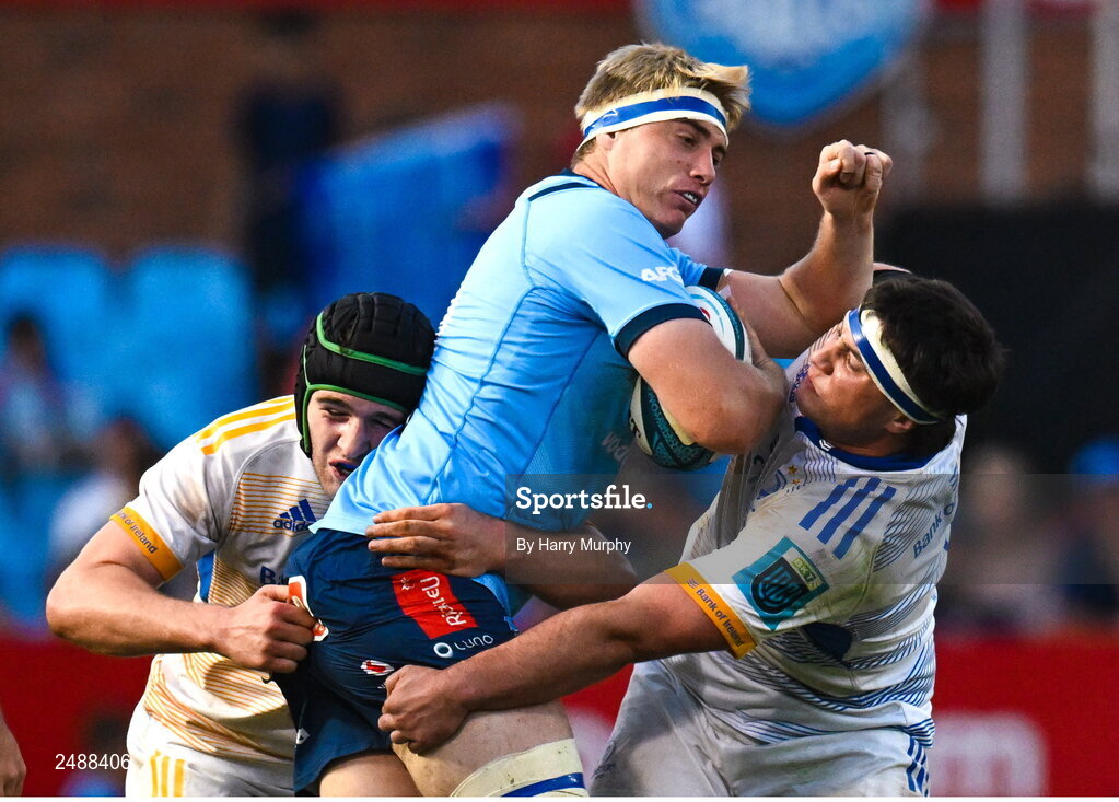 22 April 2023; Janko Swanepoel of Vodacom Bulls is tackled by James Culhane and Thomas Clarkson of Leinster during the United Rugby Championship match between Vodacom Bulls and Leinster at Loftus Versfeld Stadium in Pretoria, South Africa. Photo by Harry Murphy/Sportsfile