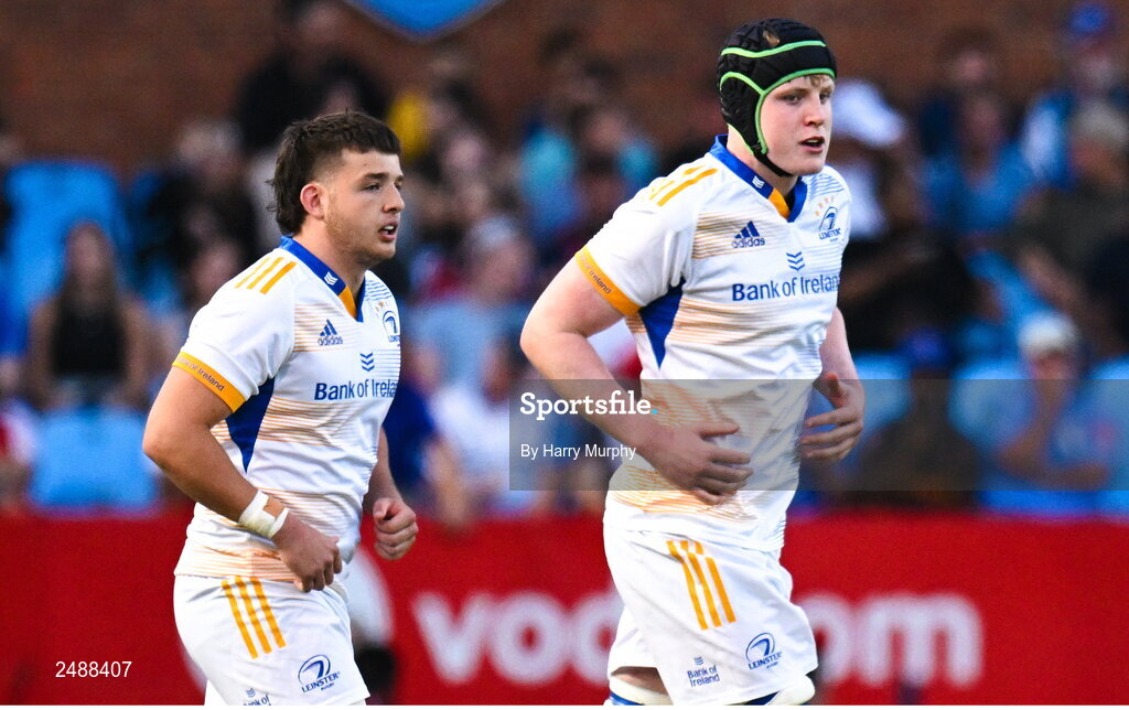 22 April 2023; Liam Molony and Conor O’Tighearnaigh of Leinster run on for their debuts during the United Rugby Championship match between Vodacom Bulls and Leinster at Loftus Versfeld Stadium in Pretoria, South Africa. Photo by Harry Murphy/Sportsfile