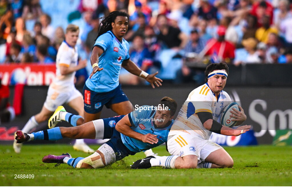 22 April 2023; Thomas Clarkson of Leinster is tackled by Harold Vorster of Vodacom Bulls during the United Rugby Championship match between Vodacom Bulls and Leinster at Loftus Versfeld Stadium in Pretoria, South Africa. Photo by Harry Murphy/Sportsfile
