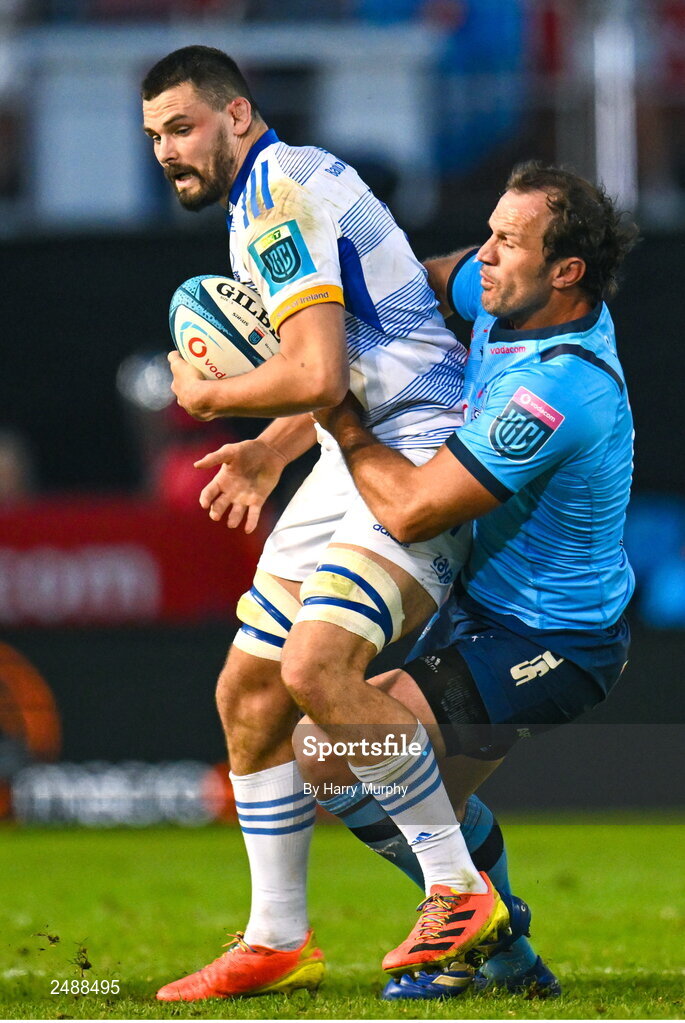 22 April 2023; Max Deegan of Leinster is tackled by Bismarck Du Plessis of Vodacom Bulls during the United Rugby Championship match between Vodacom Bulls and Leinster at Loftus Versfeld Stadium in Pretoria, South Africa. Photo by Harry Murphy/Sportsfile