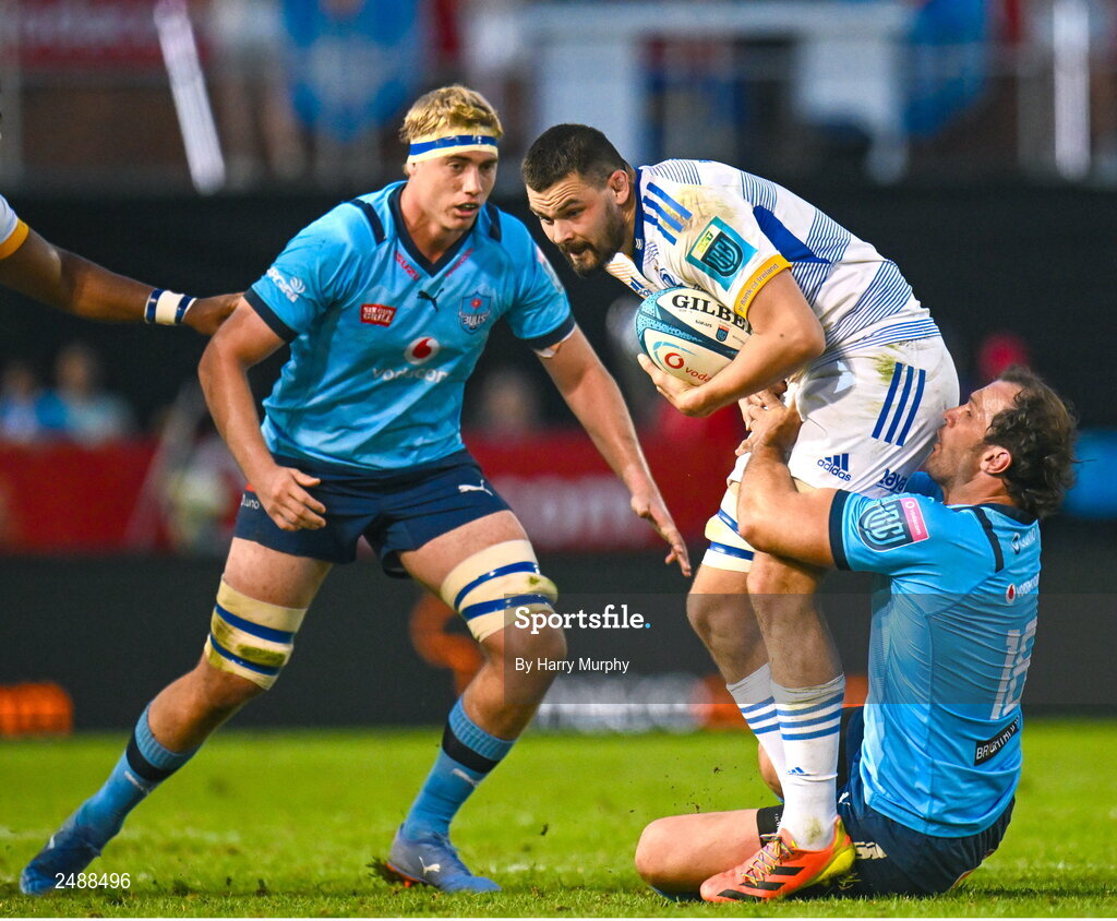 22 April 2023; Max Deegan of Leinster is tackled by Bismarck Du Plessis of Vodacom Bulls during the United Rugby Championship match between Vodacom Bulls and Leinster at Loftus Versfeld Stadium in Pretoria, South Africa. Photo by Harry Murphy/Sportsfile