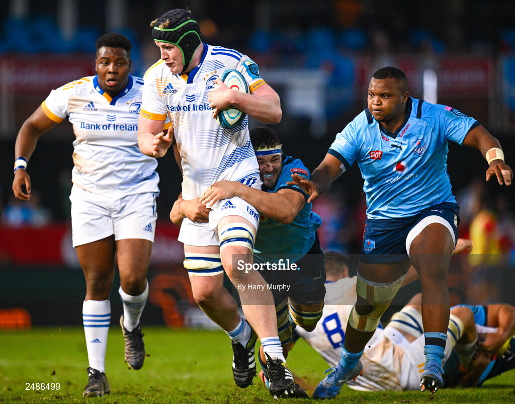 22 April 2023; Conor O’Tighearnaigh of Leinster is tackled by Cyle Brink of Vodacom Bulls during the United Rugby Championship match between Vodacom Bulls and Leinster at Loftus Versfeld Stadium in Pretoria, South Africa. Photo by Harry Murphy/Sportsfile