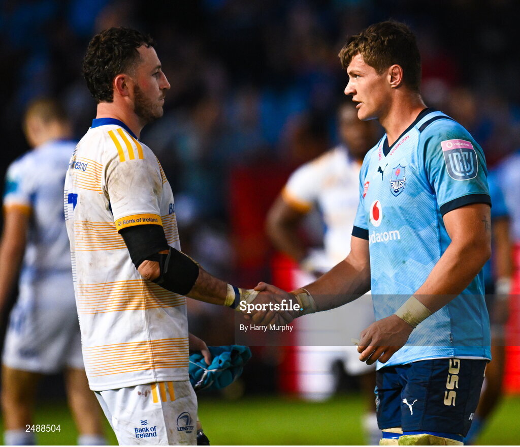 22 April 2023; Will Connors of Leinster and Elrigh Louw of Vodacom Bulls shake hands after the United Rugby Championship match between Vodacom Bulls and Leinster at Loftus Versfeld Stadium in Pretoria, South Africa. Photo by Harry Murphy/Sportsfile