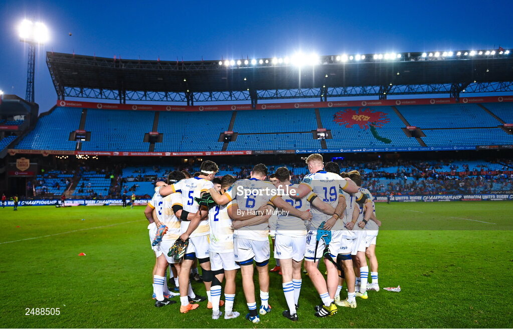 22 April 2023; Leinster players huddle after their side's defeat in the United Rugby Championship match between Vodacom Bulls and Leinster at Loftus Versfeld Stadium in Pretoria, South Africa. Photo by Harry Murphy/Sportsfile