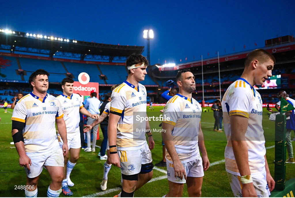 22 April 2023; Leinster players, from left, Thomas Clarkson, Ben Brownlee, Brian Deeny, Dave Kearney and Sam Prendergast after their side's defeat in the United Rugby Championship match between Vodacom Bulls and Leinster at Loftus Versfeld Stadium in Pretoria, South Africa. Photo by Harry Murphy/Sportsfile