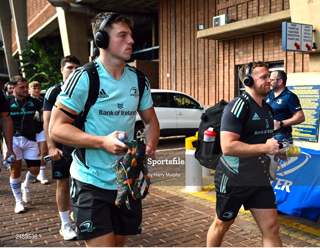 22 April 2023; Lee Barron and Liam Turner of Leinster arrive before the United Rugby Championship match between Vodacom Bulls and Leinster at Loftus Versfeld Stadium in Pretoria, South Africa. Photo by Harry Murphy/Sportsfile