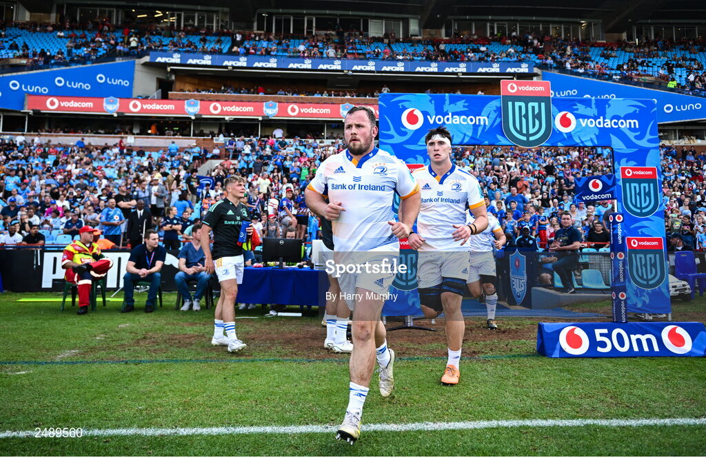 22 April 2023; Leinster captain Ed Byrne leads out the team before the United Rugby Championship match between Vodacom Bulls and Leinster at Loftus Versfeld Stadium in Pretoria, South Africa. Photo by Harry Murphy/Sportsfile