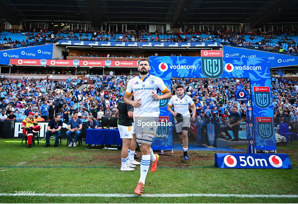 22 April 2023; Max Deegan runs out before the United Rugby Championship match between Vodacom Bulls and Leinster at Loftus Versfeld Stadium in Pretoria, South Africa. Photo by Harry Murphy/Sportsfile