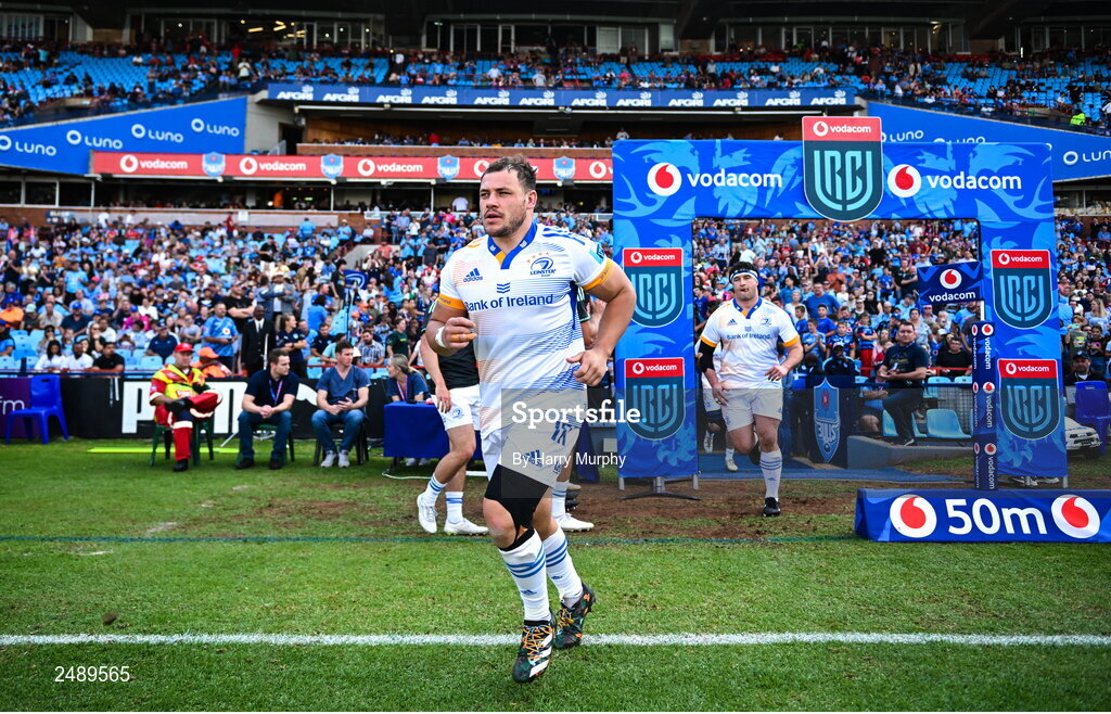 22 April 2023; Tadgh McElroy of Leinster runs out before the United Rugby Championship match between Vodacom Bulls and Leinster at Loftus Versfeld Stadium in Pretoria, South Africa. Photo by Harry Murphy/Sportsfile