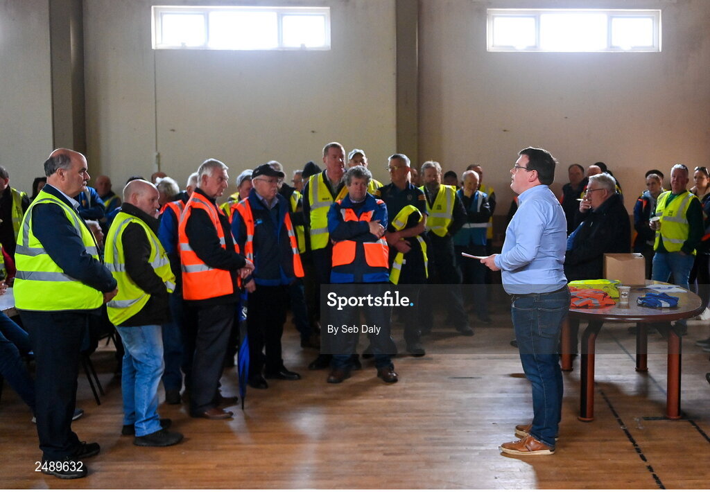 23 April 2023; Event controller Tom Murray, right, holds a stewards briefing before the Connacht GAA Football Senior Championship Semi-Final match between Roscommon and Galway at Dr Hyde Park in Roscommon. Photo by Seb Daly/Sportsfile