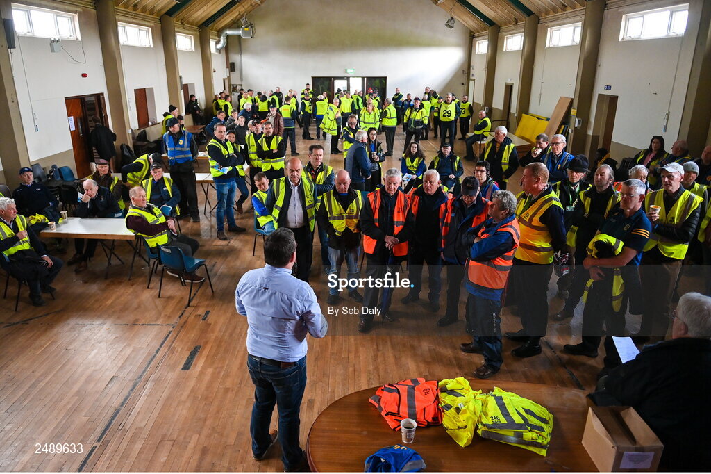 23 April 2023; Event controller Tom Murray, bottom, holds a stewards briefing before the Connacht GAA Football Senior Championship Semi-Final match between Roscommon and Galway at Dr Hyde Park in Roscommon. Photo by Seb Daly/Sportsfile