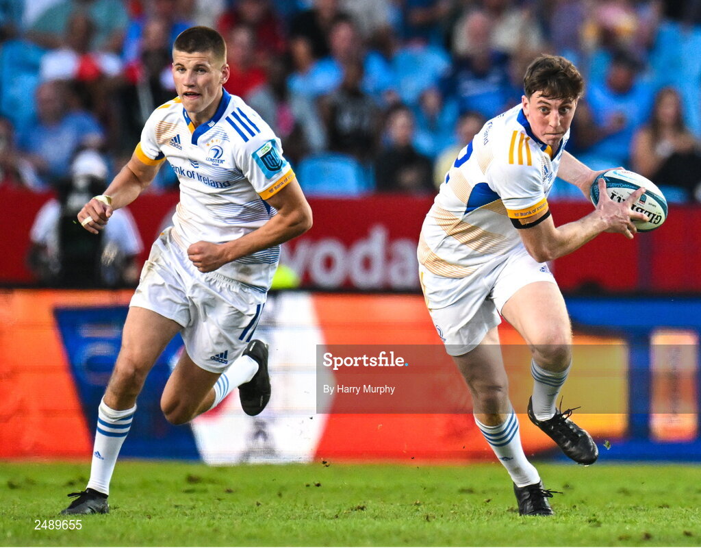 22 April 2023; Charlie Tector, right, and Sam Prendergast of Leinster during the United Rugby Championship match between Vodacom Bulls and Leinster at Loftus Versfeld Stadium in Pretoria, South Africa. Photo by Harry Murphy/Sportsfile