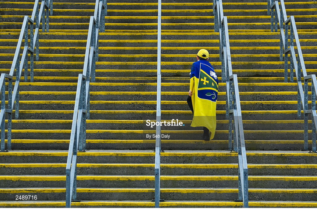23 April 2023; Roscommon supporter Luke Neilan, age 10, from Creggs, Roscommon, makes his way up to the terrace before the Connacht GAA Football Senior Championship Semi-Final match between Roscommon and Galway at Dr Hyde Park in Roscommon. Photo by Seb Daly/Sportsfile