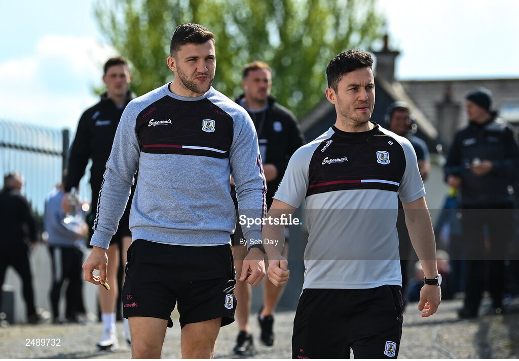 23 April 2023; Damien Comer, left, and Ian Burke of Galway arrive before the Connacht GAA Football Senior Championship Semi-Final match between Roscommon and Galway at Dr Hyde Park in Roscommon. Photo by Seb Daly/Sportsfile