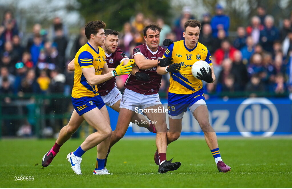 23 April 2023; Enda Smith of Roscommon, right, in action against John Maher of Galway, centre, during the Connacht GAA Football Senior Championship Semi-Final match between Roscommon and Galway at Dr Hyde Park in Roscommon. Photo by Seb Daly/Sportsfile