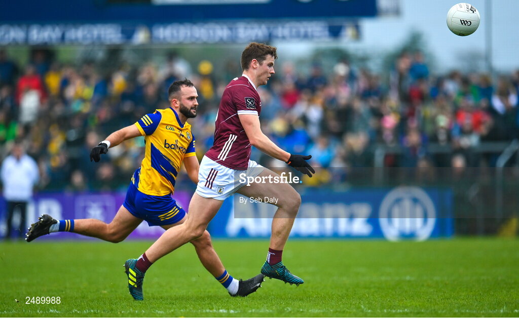 23 April 2023; John Daly of Galway in action against Donie Smith of Roscommon during the Connacht GAA Football Senior Championship Semi-Final match between Roscommon and Galway at Dr Hyde Park in Roscommon. Photo by Seb Daly/Sportsfile