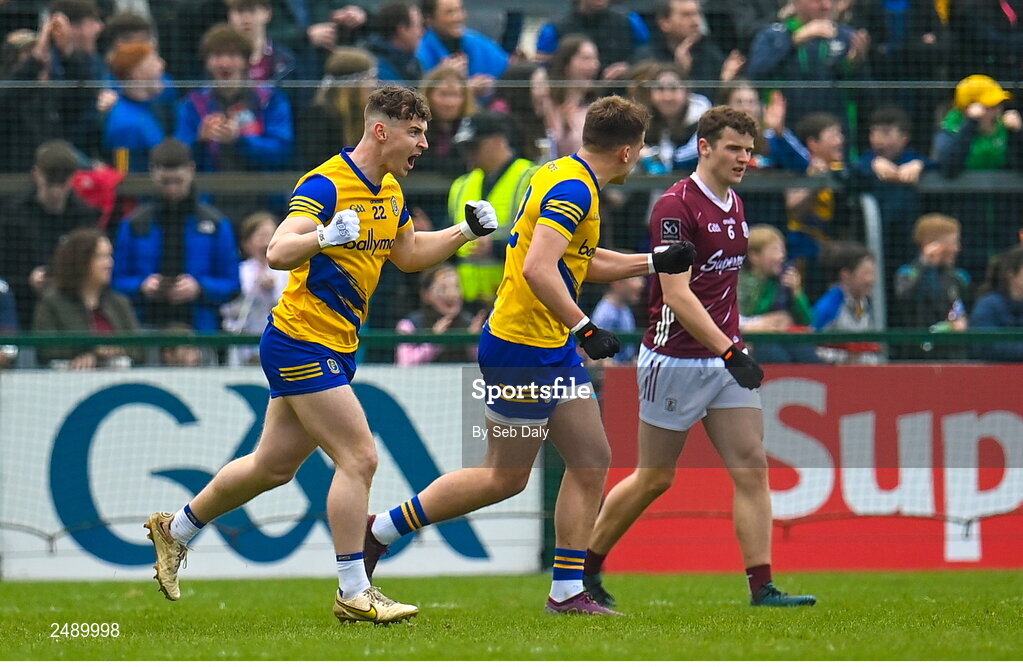 23 April 2023; Cian McKeon of Roscommon celebrates kicking a point during the Connacht GAA Football Senior Championship Semi-Final match between Roscommon and Galway at Dr Hyde Park in Roscommon. Photo by Seb Daly/Sportsfile
